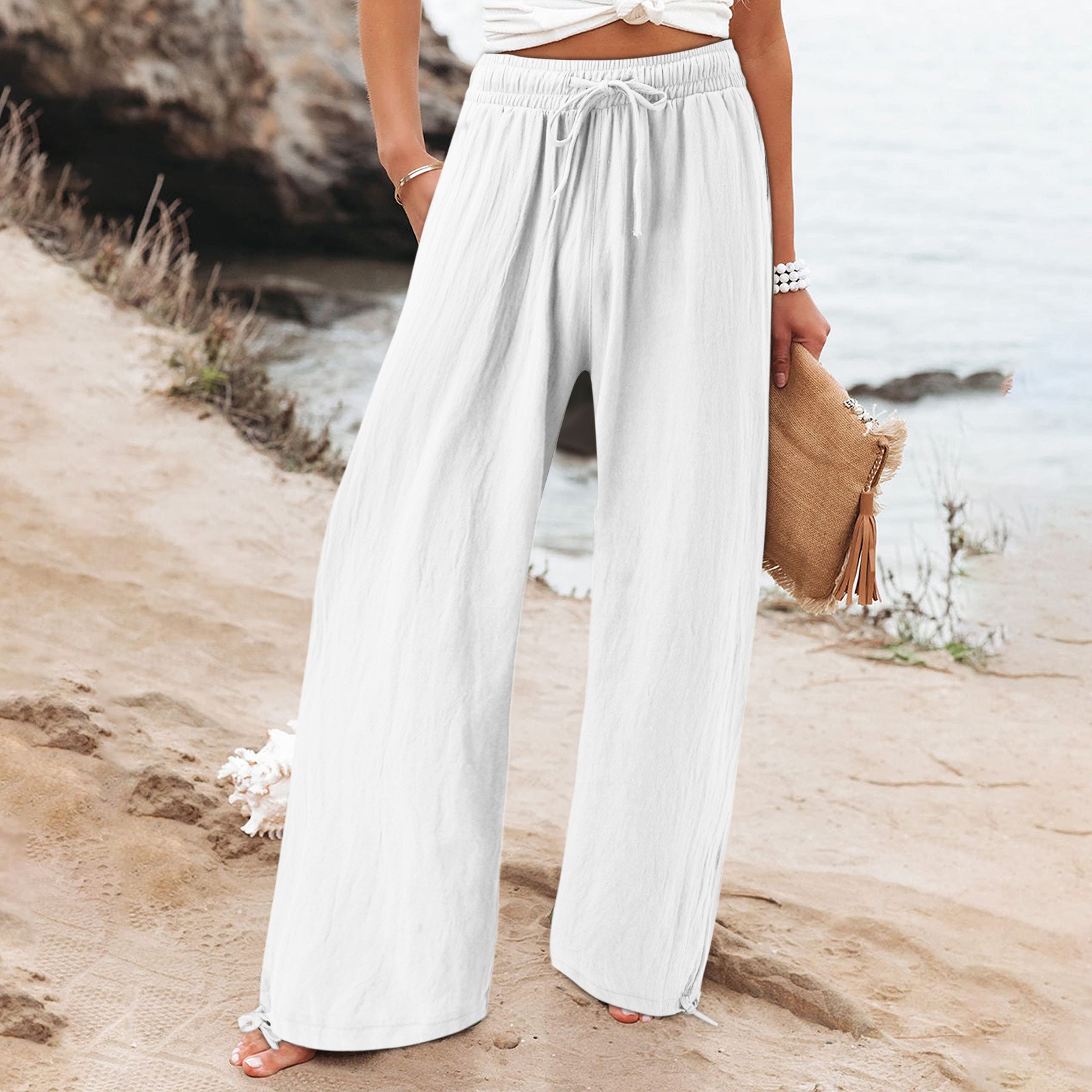 thumbnail image 4 of Pantalones holgados de algodón para mujer: pantalones de cintura alta con cordón, 90 % algodón/10 % poliéster, trabajo/ocio, todas las estaciones, 4 of 8